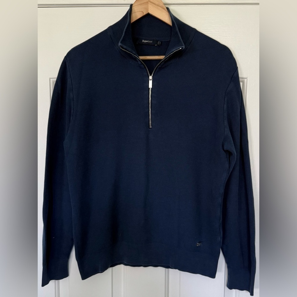 🔥ZegnaSport Men’s Half-Zip Cotton Sweater Navy Blue L | Italian Luxury Designer🔥